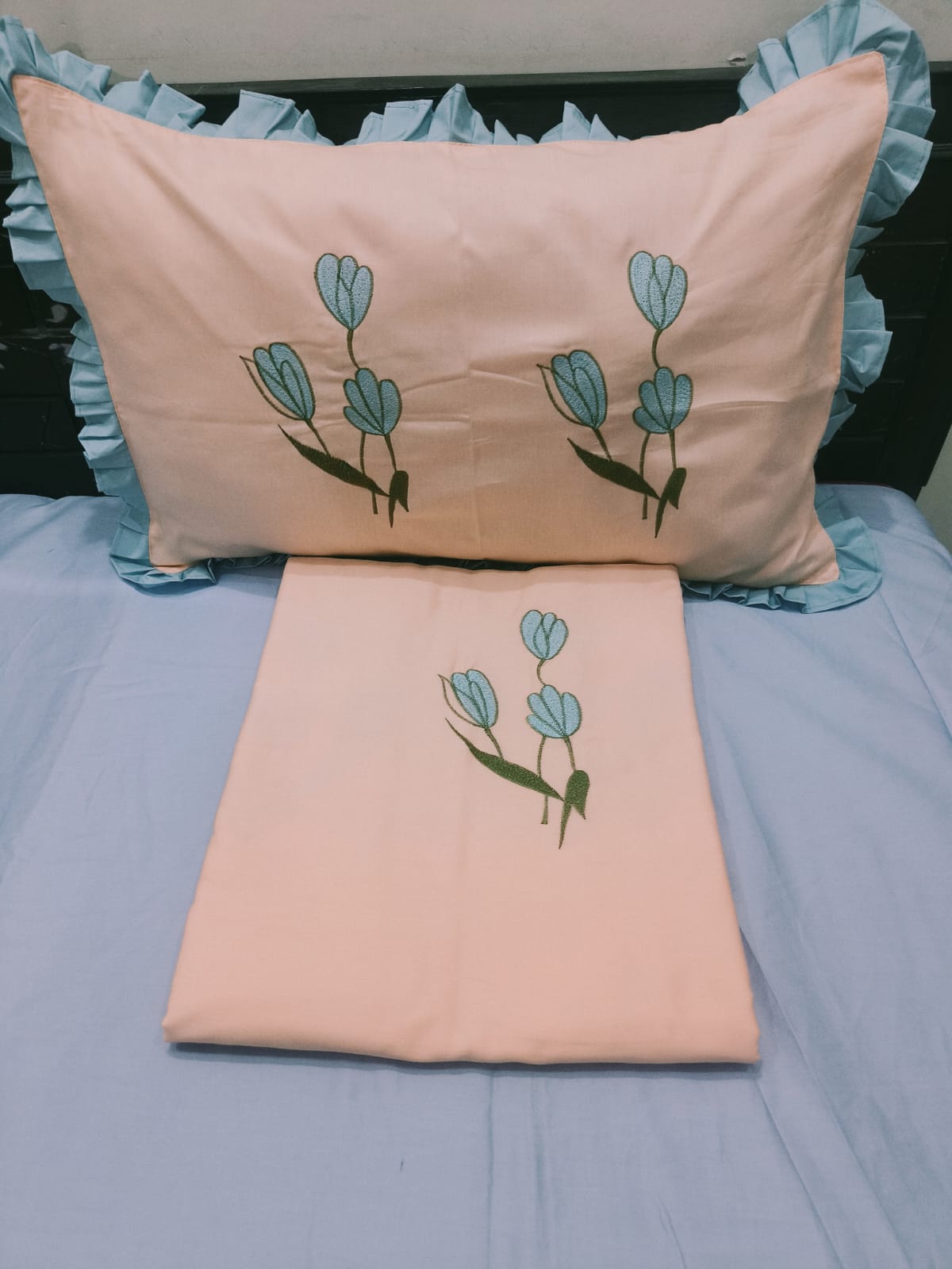 Premium pastel shades patch Designer Embroidery Bedsheets Collection Orange floral Bedsheets