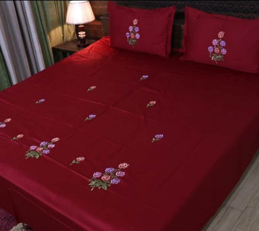 Premium Red Christmas Designer Embroidery Bedsheets Collection Red flower bunch Bedsheets