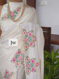 Exclusive premium cutwork white floral embroidery designer sarees White floral Munga tussar