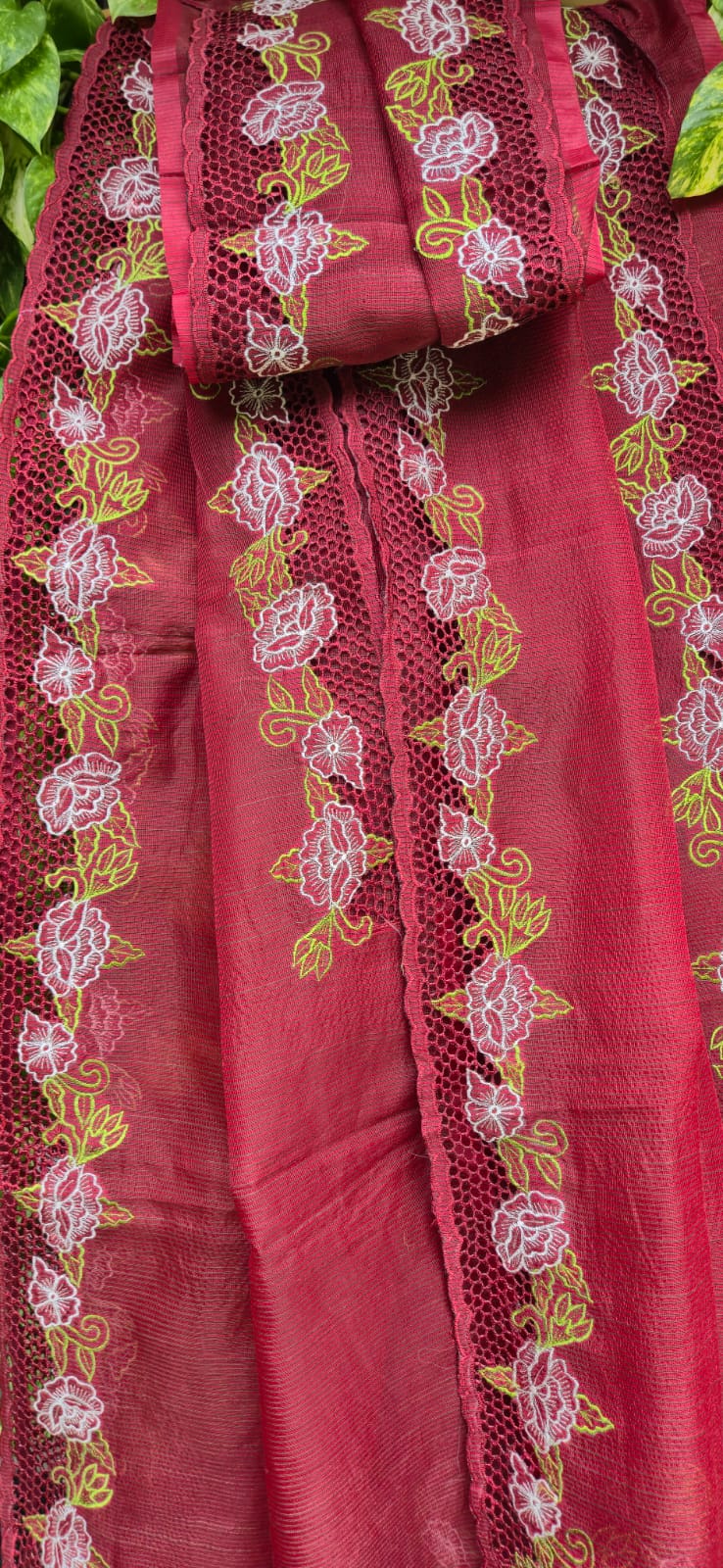 Boutique collection red cutwork embroidery premium sarees collection Silky kota cutwork sarees