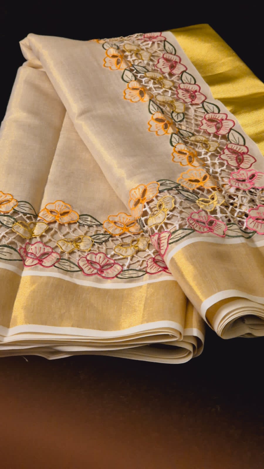 Beautiful Tissue cotton kerala saree and blouse with Full border cutwork on saree and blouse sleeves Kerala saree