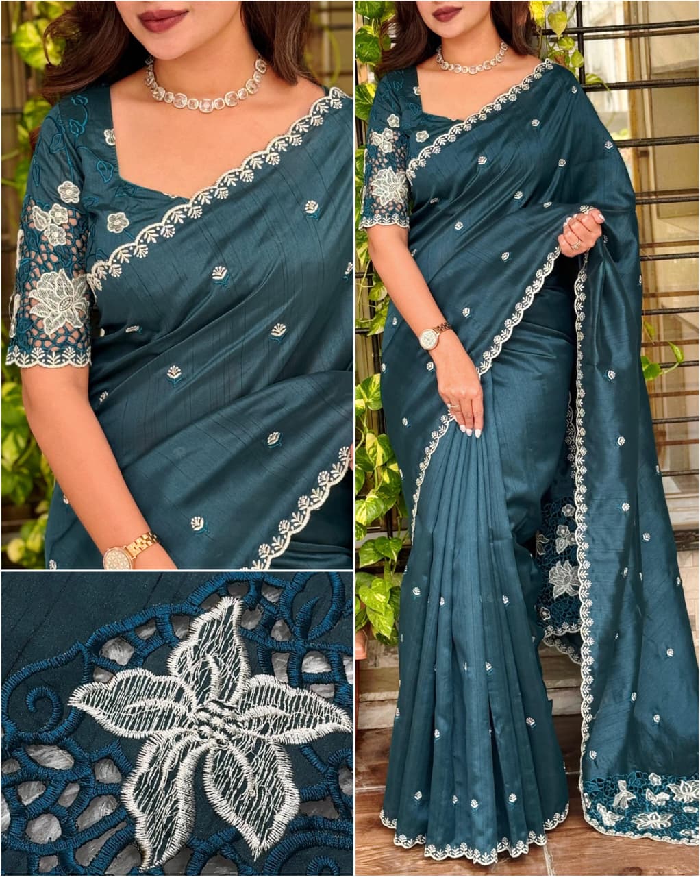 Beautiful cutwork embroidery on matkaa tussar silk sarees Metallic blue Designer sarees collection