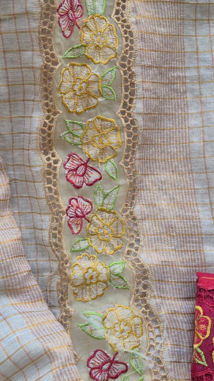 Pure Linen saree and blouse with organza border and applique work Kerala saree
