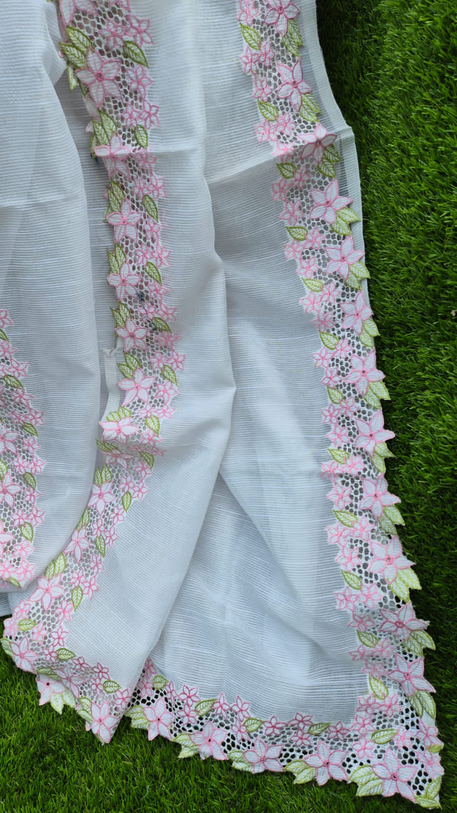 White floral beautiful cutwork embroidery premium sarees collection Silky kota cutwork sarees
