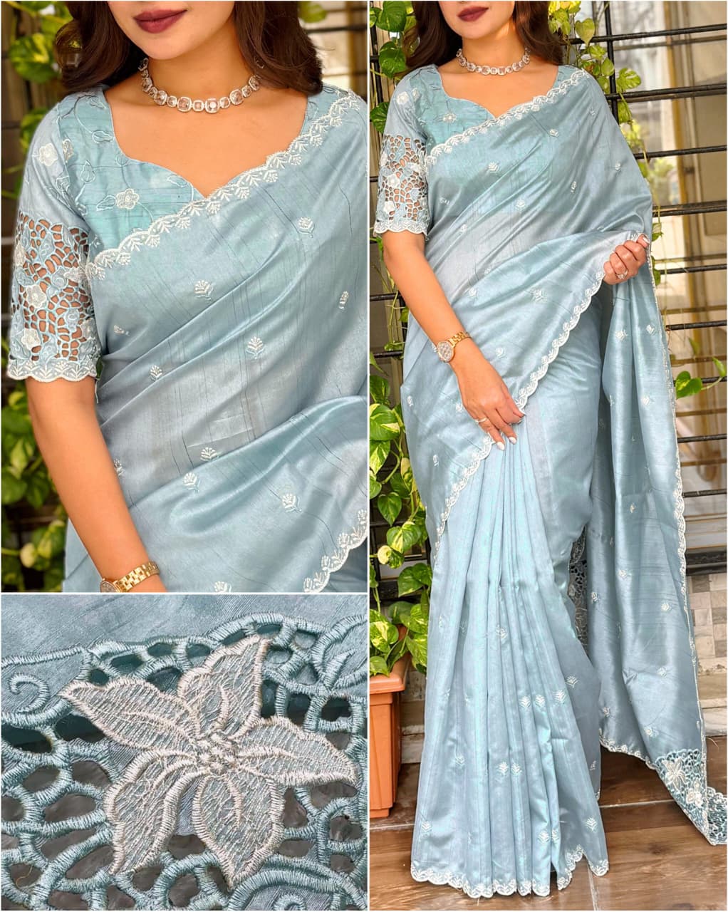 Beautiful cutwork embroidery on matkaa tussar silk sarees Designer sarees collection